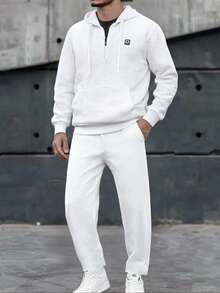 1 Set Boyfriend-Stil Herren Weiß Jacquard atmungsaktiv Fitness Gym Laufen Radfahren Lässig Sport Pullover Kapuzenpullover und Jogginghose Anzug, Herbstkleidung