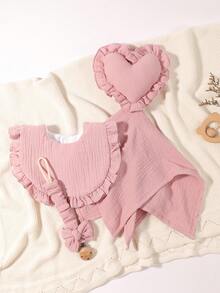 3 件婴儿纯色和印花奶嘴夹、蝴蝶结奶嘴夹、木制 3 孔奶嘴夹、适合日常使用、褶边奶嘴夹、心形奶嘴夹、围兜和拍嗝布套装 - 彩色 - 查看 3