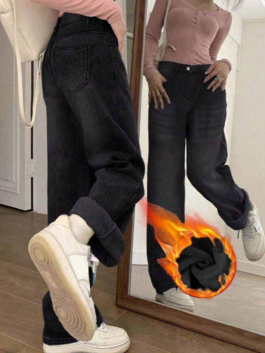街头风直筒斜插口袋加厚牛仔保暖低腰牛仔裤，秋冬保暖裤，Y2K音乐节必备 - 煙黑色 - 查看 1