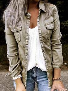 Women's Green Gray Ruffled Denim Shirt – Slim Fit Stretch Button Down Top, Feminine Casual Utility Style - Grey - View 1