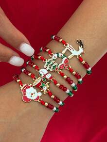 6pcs/Set Cute & Elegant Christmas Tree, Bell, Snowman Decor CCB Bracelet Set, Luxurious & Versatile Jewelry Bracelet Gift For Women, Daily & Christmas Party (No Card Included)