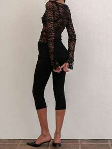 Women Sheer Lace Tops Slim Flower See Through Boat Neck Long Flare Sleeve Shirts  Streertwear - 黑色 - 查看 2