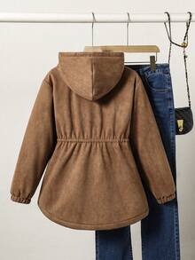 Tween Girl Casual Jacket, Thermal Lined Thick Waist Cinched Dropped Shoulder Long Sleeve Soft Fluffy Coat, Suitable For Winter Outings - Brown - View 2