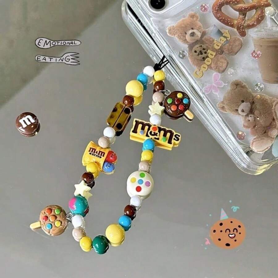 Cute Mobile Phone Chain Handmade Diy Beaded Lanyard Original Wrist Lanyard High-End Chain Portable Anti-Fall High-End - M&M 餅乾 - 查看 1