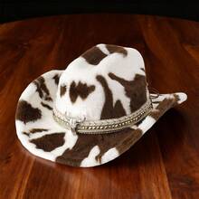 Adult Leopard Print Cowgirl Hat Wide Brim Fedora Hats Fuzzy Lightweight Western Hat With Bull Head Belt For Party - 卡其色 - 查看 2