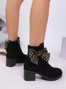 بوت كاحل للنساء بفيونكة سوداء وسحاب جانبي، كعب سميك، رأس مستدير، سحاب جانبي، كاجوال/للتنقل، خريف/شتاء