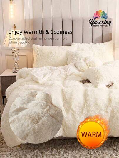 2/3Pcs Beige Bedding Plush Shaggy Duvet Cover Set Fluffy Faux Fur Duvet Cover With Pillowcases (1pc Faux Fur Duvet Cover+1/2pcs Pillowcases) Bedding Set For Bedroom Guest Room King Queen Full Twin Size Crystal Velvet Boho Bedding With 1 Duvet Cover And 1/2 Pillow Shams For Chic Home