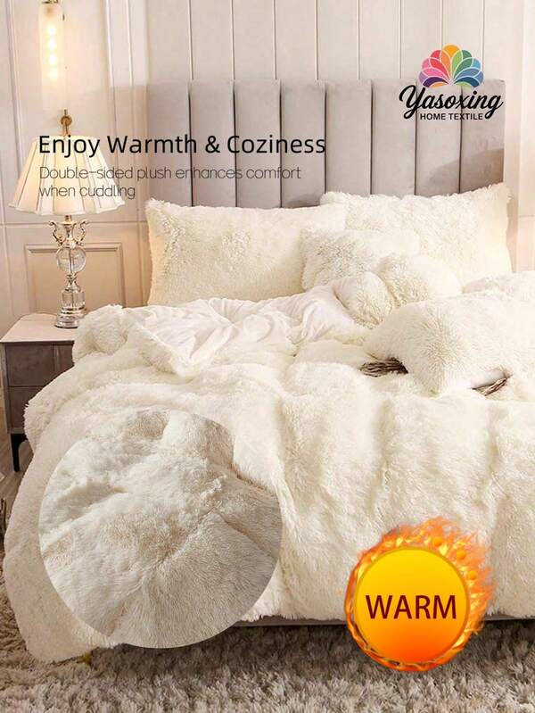 2/3Pcs Beige Bedding Plush Shaggy Duvet Cover Set Fluffy Faux Fur Duvet Cover With Pillowcases (1pc Faux Fur Duvet Cover+1/2pcs Pillowcases) Bedding Set For Bedroom Guest Room King Queen Full Twin Size Crystal Velvet Boho Bedding With 1 Duvet Cover And 1/2 Pillow Shams For Chic Home