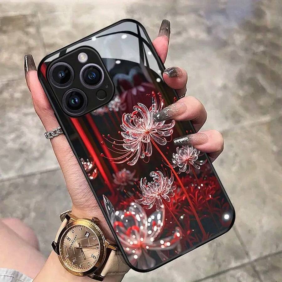 Crystal Red Spider Lily Pattern Phone Case  For IP 17 17AIR 17PRO 17PROMAX 16Promax 16Pro 16Plus 16 15Promax 15Pro 15Plus 15 14Promax 14Pro 14 13Promax 13Pro 13 12Promax 12Pro 12 11Promax 11Pro 11,  Galaxy S22 S23plus S24ultra S24FE S25plus S25  S21 S20FE S20plus S10e S10plus   Note20 Ultra   Note9 A71 A56 A55 A54 A53 A52 A51 A36 A35 A34  A32 A26 A25 A24 A23 A16 A15 A14 A06 A05S A05 A03S Fashionable Black Slim Glass Back Cover - 黑色 - 查看 1