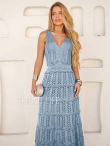 Women's Midi Dress Knit Summer Crochet Ruffles Party Beach Elegant - 淺藍色 - 查看 4