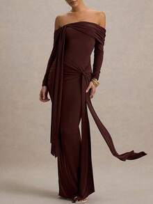 Women's Fashion Off Shoulder Long Sleeve Maxi Long Bodycon Dress Fall And Winter Ruched Dress Elegant Brown Cocktail Night Out Party Dress Sexy Clothes - Brown - View 1
