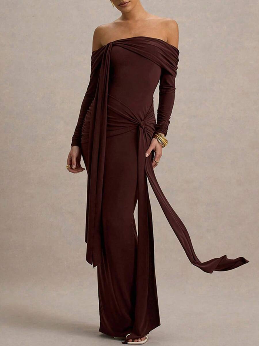 Women's Fashion Off Shoulder Long Sleeve Maxi Long Bodycon Dress Fall And Winter Ruched Dress Elegant Brown Cocktail Night Out Party Dress Sexy Clothes - Brown - View 1