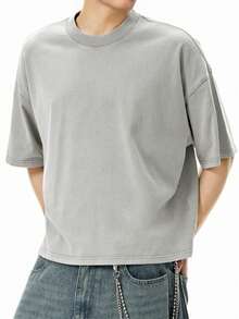INFLATION Áo thun boxy cotton 270G đã giặt, thương hiệu cổ điển thường ngày, tay ngắn, nam, xuân/hè - Màu Xám nhạt - Xem 4