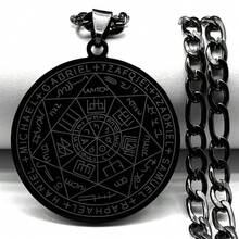 Mysticism - Style Round Stainless Steel Pendant Engraved With Runes And Angel Names, Matched With Cuban Chain In Silvery Color, Mysterious - Style Fashion Jewelry For Men - Necklace - View 13