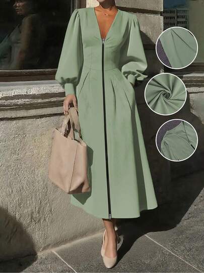 Women's Solid Color V-Neck Lantern Sleeve Pleated Zippered V-Neck Maxi Dress