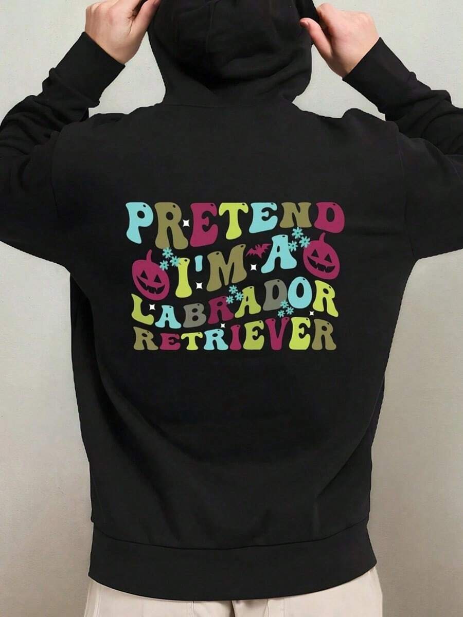 1-Pack Men's Funny Spanish Labrador Retriever Graphic Hooded Sweatshirt - Pretend I'm A Lab & Labrador Retriever Print, All-Season Casual Pullover, Machine Washable Polyester Hoodie For Dog Lovers,Fall Hoodies,Men's Fall Clothes,Street Wear,Halloween,Mens Hoodies,Y2k Clothes,Jesus Hoodie,Thanksgiving Day,Nightmare Before Christmas,Christmas - 黑色 - 查看 1