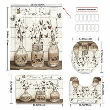 Set de perdele de duș retro cu fluture și sticlă, 1/3/4 buc, accesorii impermeabile și rezistente la uzură, cu 12 cârlige - include husă pentru scaun de toaletă, covorașe de baie și covoare - țesătură din poliester antiderapantă - lavabilă - perfectă pentru decor de sărbători, decor pentru casă/dormitor/casă/vest, decor de Crăciun