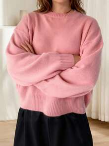 Women's Long Sleeve Sweaters Solid Color Crew Neck Loose Fit Pullover Knit Tops For Fall Winter - Rosa - Ver 5