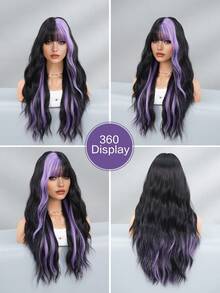 7JHH WIGS Long Wave Black & Purple Highlight Wigs For Women - Loose Fluffy Wavy Curly Wig With Bangs, Full Machine High Density Synthetic Heat Resistant Fiber Hair, Exaggerated Style Anime Halloween Costume Wigs For Cosplay Wear, Masquerade Ball & Music Festival Carnival Party Use 26 Inch - 挑染紫色 - 查看 6