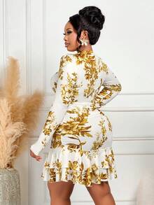 BIUBIU 大码女式优雅长袖高领系腰多层印花A字裙，秋冬款