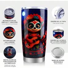 Vaso Térmico de 20 oz para Día de Muertos y Halloween - Doble Pared Aislante, Diseño de Calaveras y Catrinas - Ideal para Café, Agua- Decoración Festiva para Casa u Oficina (Azul) - AZUL - Ver 6