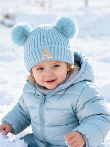 1PC Baby A-Z Letter Knitted Caps Kids 0-3Y Winter Warmth, Double-Layer Thickening Baby Wool Knitted Bonnet Newborn Baby Hat Double Pompom Cute Hat For Kids Boys Girls Children Beanie Cap