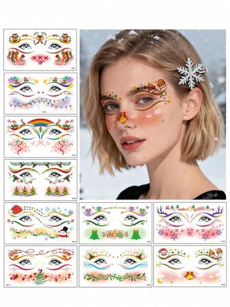 (10pcs/Set) Halloween Cheek & Eye Temporary Tattoos, Festival Makeup Decoration, DIY Cute Tattoo Stickers With Christmas Tree, Reindeer, Candy Cane, Gingerbread Man, Bell, Ribbon, Snowman, Santa Hat, Gift, Pennant, Suitable For Christmas Women