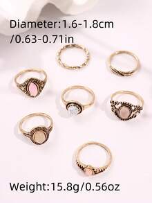 7pcs/Set Vintage Unique Luxurious Old Money Style Exquisite Bohemian Antique Gold Colored Gemstone Ring Set, For Women Daily Wear, Festivals & Parties