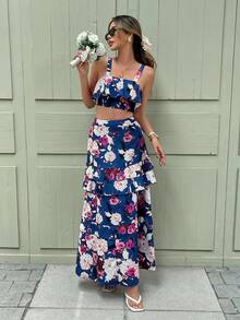 Women's 2 Pieces Ditsy Floral Sleeveless Top And Ruffle Hem Maxi Skirt Set, Casual Beach Dress - Multicolor - View 2
