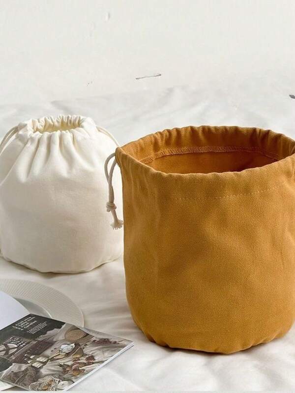1pc Canvas Round Bottom Drawstring Bag Storage Pouch Bucket Bag Built-In Bag Vegetable Basket Inner Bag Miscellaneous Bag Dustproof
