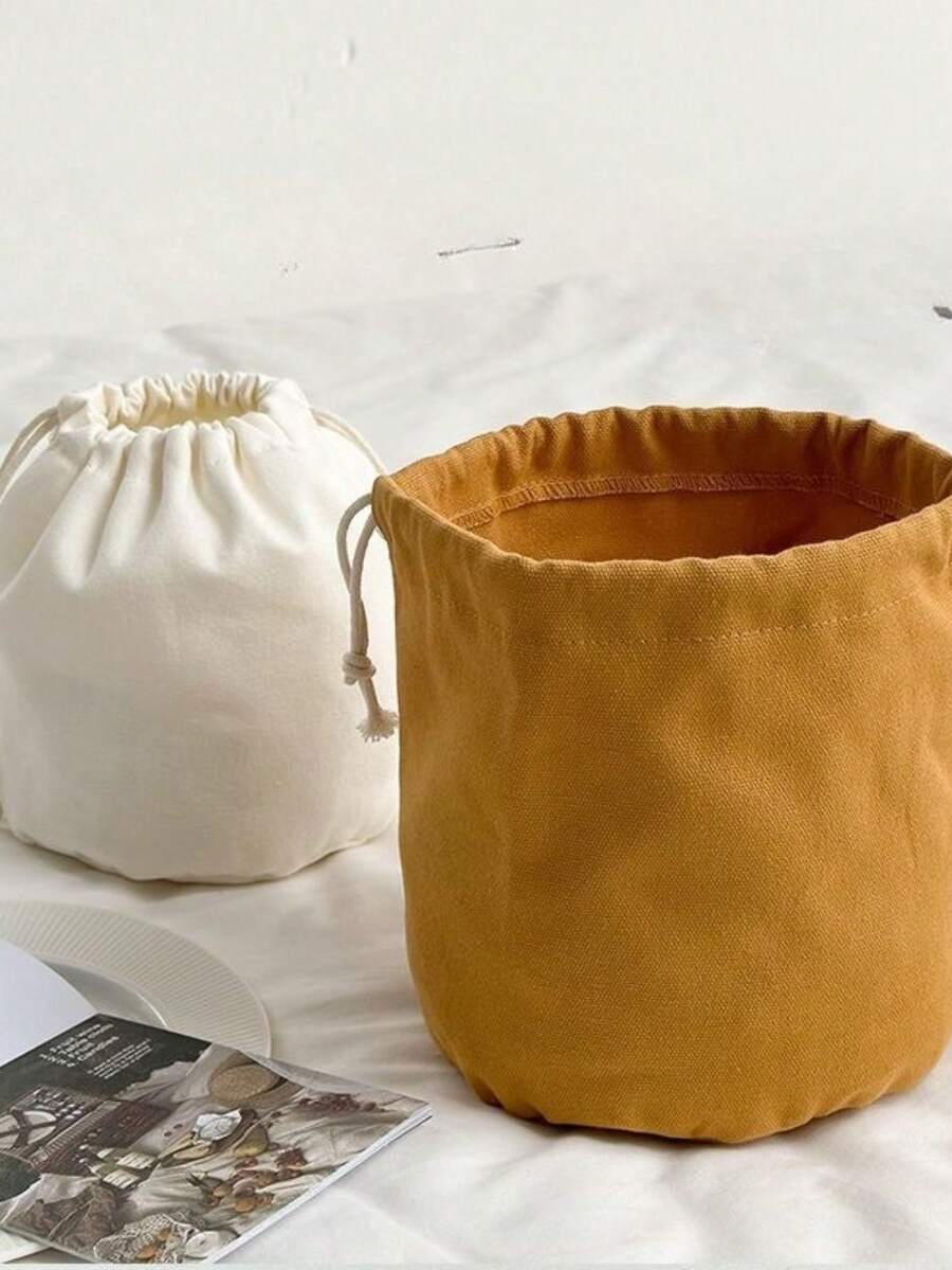 1pc Canvas Round Bottom Drawstring Bag Storage Pouch Bucket Bag Built-In Bag Vegetable Basket Inner Bag Miscellaneous Bag Dustproof