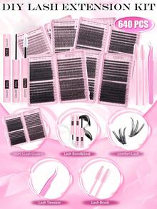 640/624/608片蓬松卷翘DD型8-16mm混合DIY睫毛嫁接套装，包含DIY下睫毛、睫毛调色盘、高容量柔软单簇睫毛，搭配粉色底卡，轻松打造蓬松自然的Y2K蝴蝶妆效，在家即可轻松DIY睫毛。套装包含睫毛胶水和DIY睫毛镊子（下睫毛+10D+20D+30D+40D+50D+60D+80D+100D）。睫毛簇套装，假睫毛。 - 彩色 - 查看 9