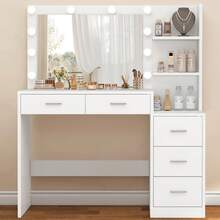 Großer Schminktisch mit LED-Beleuchtung & Spiegel, Schminktisch mit 5 Schubladen, 2 Einlegeböden, Kosmetiktisch für Mädchen, Frauen und Schlafzimmer, weiß