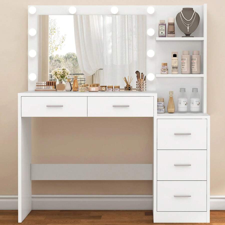 Großer Schminktisch mit LED-Beleuchtung & Spiegel, Schminktisch mit 5 Schubladen, 2 Einlegeböden, Kosmetiktisch für Mädchen, Frauen und Schlafzimmer, weiß