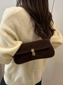 Túi đeo vai, túi xách tay, túi baguette khóa gập dành cho nữ, làm từ da hươu lộn. - Cà phê - Xem 5