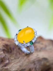 2025 新款天然玛瑙玉戒指，半透明玉髓镶嵌戒指，女士婚礼订婚珠宝戒指，学生和最好的朋友可调节 INS 风格戒指，礼物，经典凸圆形闪亮方晶锆石玫瑰金水晶戒指 - 戒指 - 查看 4