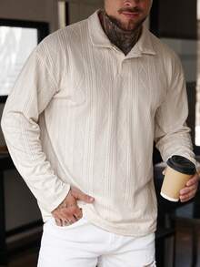 男士秋冬复古休闲日常纯色针织菱形提花常规版型长袖 Polo 衫