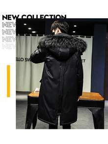 Autumn And Winter New Mid-Length Down Jacket For Men Winter Large Fur Collar Workwear Over The Knee Plus Velvet Thickened Warm Cold-Proof Coat - 黑色 - 查看 4