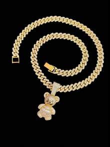 1件时尚立方氧化锆熊形吊坠及9毫米合金水钻链项链，男女皆宜的嘻哈摇滚街头风熊形动物吊坠项链，朋克项链，适合日常佩戴或派对，情人节礼物 - 金黃色 - 查看 4