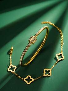 1 件时尚优雅的三叶草心形耳钉金手链首饰，18K 玫瑰金镀不锈钢手镯，适合男士和女士，季节性礼物