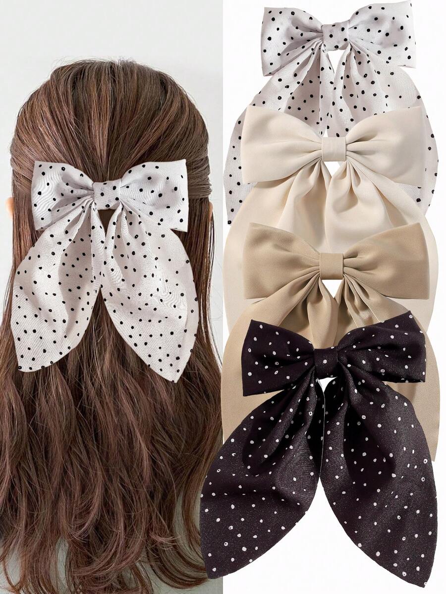 4pcs Autumn Winter Milk Coffee Colors Girls Long Bow Flowers Grid Pattern Hair Clips, Soft Long-Tailed Bow Hairpins, Vintage Metal Hair Clip Silk Headband, Elegant Hair Accessories, Great Gift For Girls
