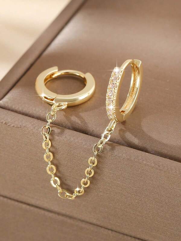 1 Set Luxury Copper Zirconia Chain Tassel Hoop Earrings, Hip-Hop Style For Women, Party & Date Gift