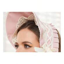 Victorian Bonnet Colonial Hat With Lace Tea Party Costume Cap Women - 成人+粉紅色 - 查看 5