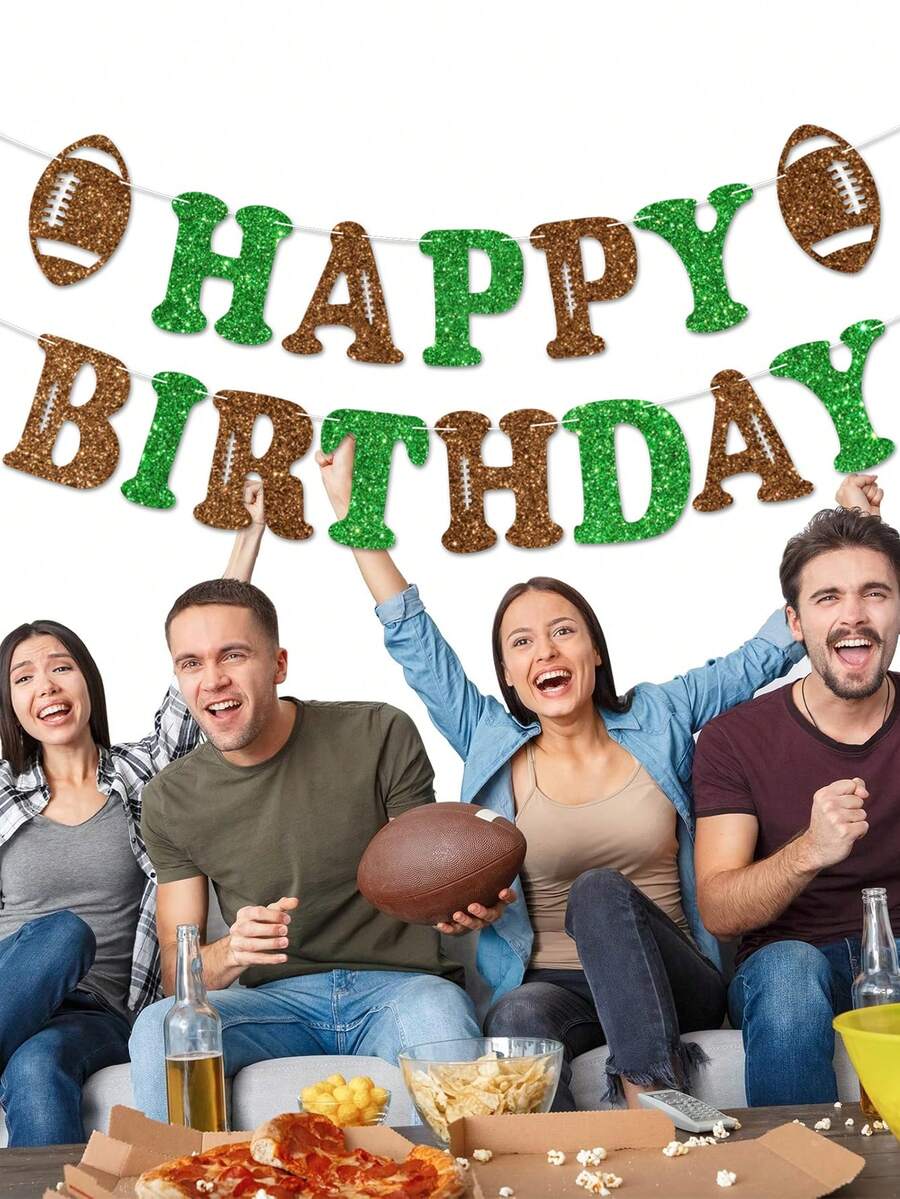 1pc Green Brown Football Happy Birthday Pull Flag Banner, Football Themed Birthday Pull Flag, Sports Themed Happy Birthday Party Decoration Banner, Football Themed Baby Shower Party Decoration Pull Flag - Green + Brown - View 1