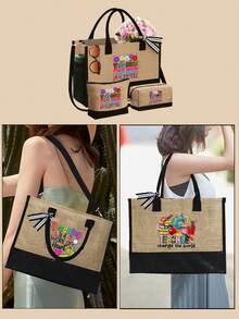 Sac à main avec motif d'enseignant avec bandoulière et sac à cosmétiques, cadeau de la fête des enseignants, sac fourre-tout de rangement décontracté portable, sac de courses multifonction, sac cadeau personnalisé avec poches latérales, sac de plage avec foulard, sac de rangement de voyage simple, sac à bandoulière, sac à cosmétiques de voyage : idéal pour le maquillage en extérieur ! Cadeau de remise des diplômes - Multicolore - Voir 3
