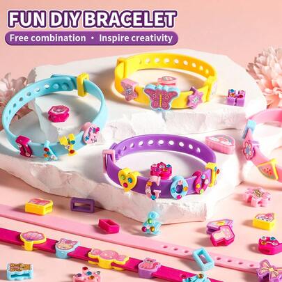 1pc Kids Fun DIY Bracelet Kit - Colorful Interchangeable Charms & Bands, Creative Jewelry Making Set To Inspire Creativity, Perfect Craft Gift For Girls, Suitable For Birthday, Christmas, Halloween, Christmas Eve, Ideal Gift, Accessories, Games