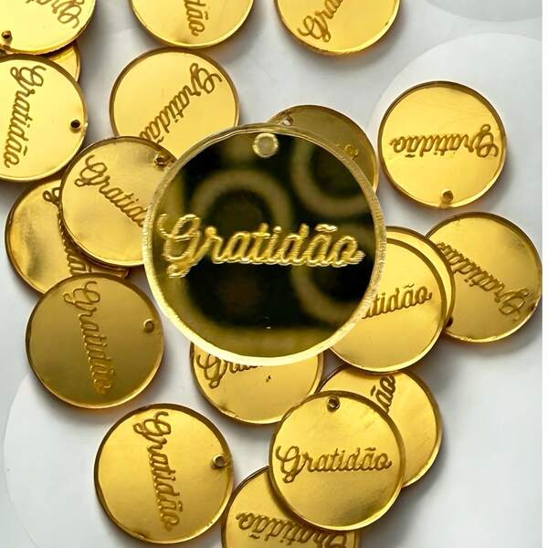Aplique 30 UNIDADES  REDONDO GRATIDÃO Tag Etiqueta, acrílico 2 X 2 CM  Espelhado DOURADO