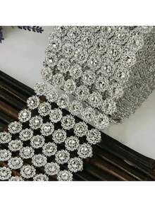1pc 6-Row Golden Flower Crystal Rhinestone Tulle Ribbon Roll, Glitter Decoration For Wedding Party