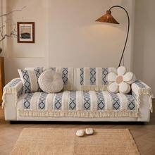 Boho Couch Cover Cotton Linen Tufted Sofa Cover With Tassel, Dog Couch Cover 3 Cushion Couch Sofa Non Slip Sofa Cover Living Room, 35.4x70.9 Inch, Home Decor - 06: Geometric Black Plaid - View 5