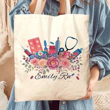 Personalized Nurse Tote Bag - Custom Name, Pink Floral Design With Stethoscope & Symbols, Large Capacity, Durable Polyester, Ideal For Nurses, Doctors, Students, And Gifts, Nurse Accessorie - 1pc - 查看 3